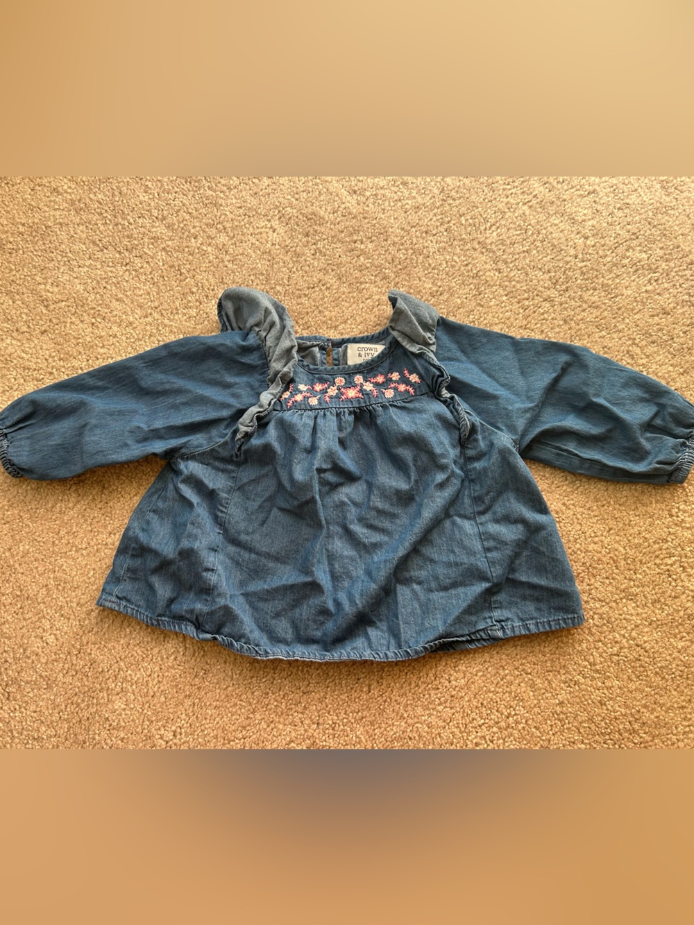 crown & ivy Baby Denim Top with Pink Floral Embroidery